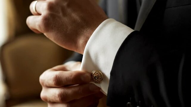 Groom adjusting gold cufflinks on crisp white dress shirt sleeve before a special event
