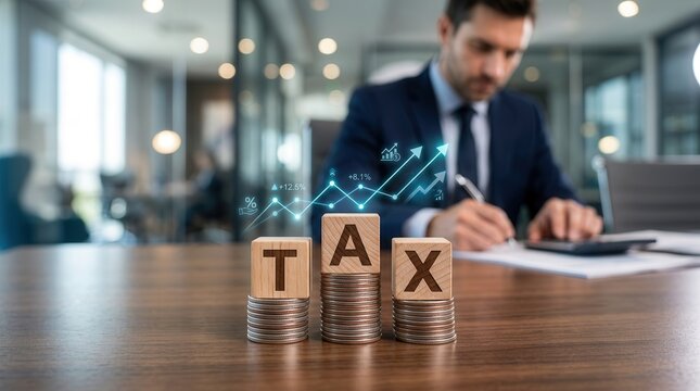 Business financial budget and annual tax deduction concept featuring growing charts.