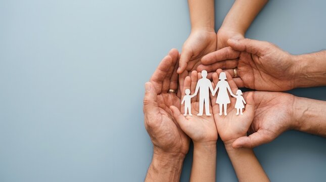 A family cutout held by adult and child hands representing homeless charity and family mental health.