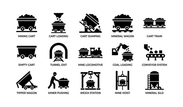 Mining cart and mine operation icons arranged on white background