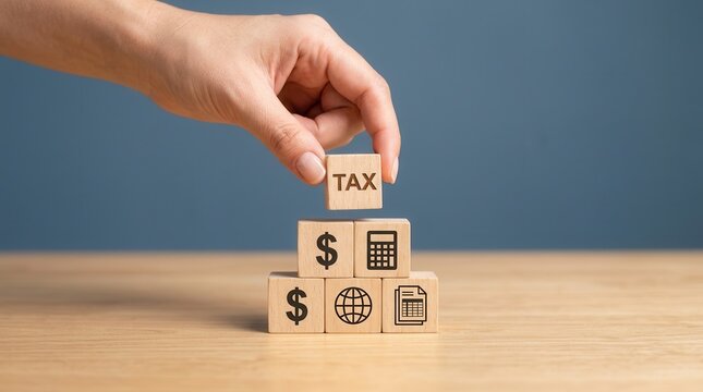 A person placing a tax wooden cube to complete a pyramid for income tax return and government documents.