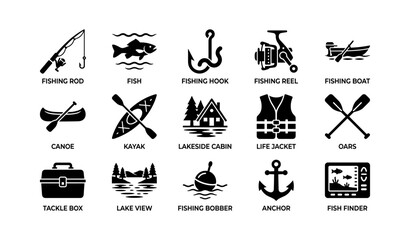 Obraz premium Fishing and boating icons showing equipment and lakeside elements