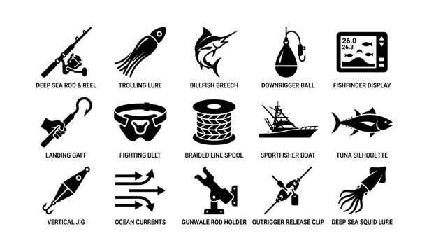 Deep sea fishing icons showing offshore gear and boat equipment