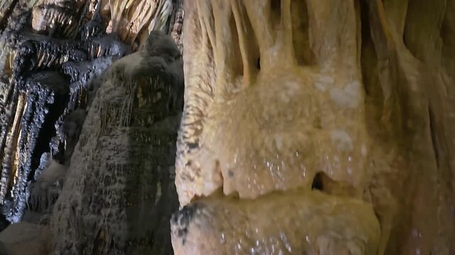 Complex-shaped calcite stalactites in a subterranean environment Mallorca