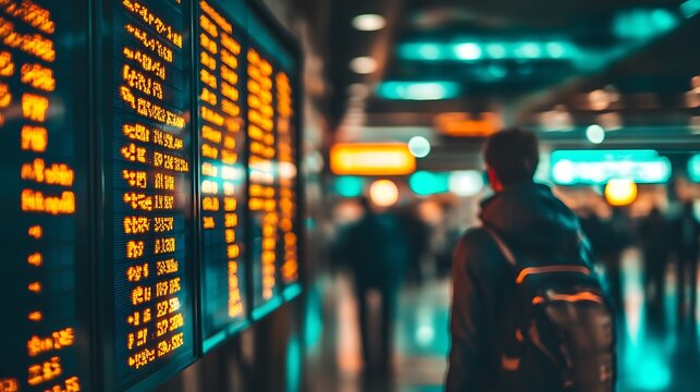 A traveler with a backpack looks at the glowing digital flight departure schedule board inside a busy metropolitan airport terminal during a late evening trip
