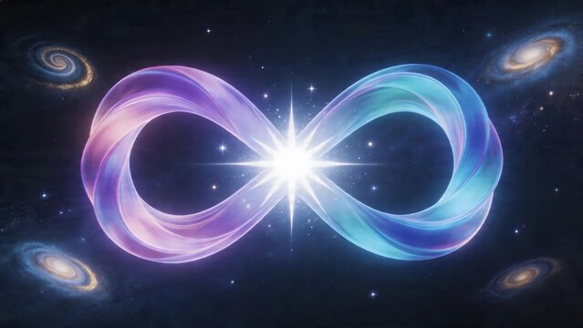 Cosmic infinity symbol with galaxy backdrop