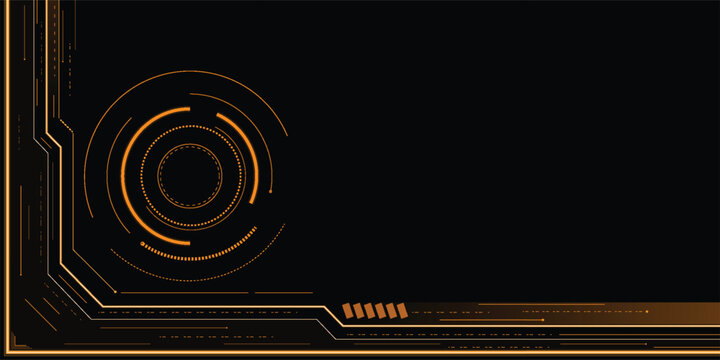 Futuristic HUD interface background with a glowing orange circular dashboard and circuit board lines on black. High-tech digital frame for gaming, cybersecurity, and sci-fi concepts.
