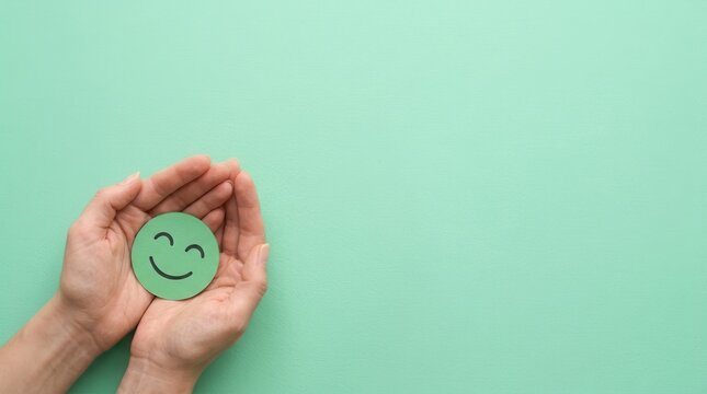 A customer review concept featuring a green smiley face paper held in cupped hands.