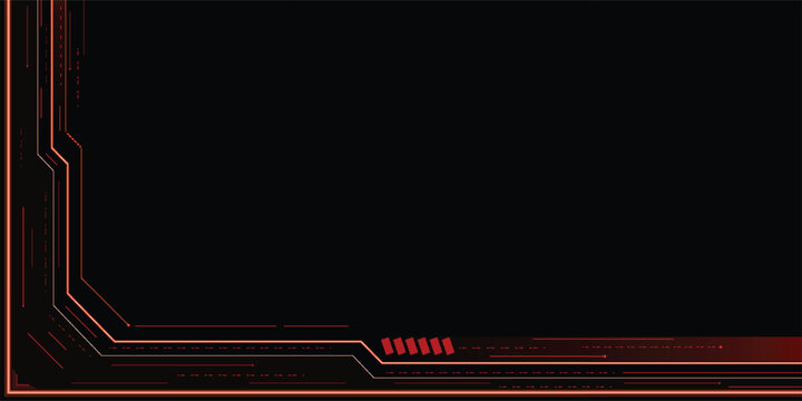 Abstract futuristic technology frame with glowing orange circuit lines and HUD interface elements on a black background. High-tech digital border design for gaming, cybersecurity, and AI concepts