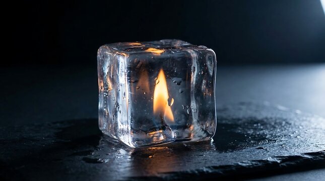 Ice cube with a flame inside creating a surreal contrast between fire and ice.