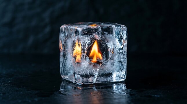 Ice cube with a flame inside creating a surreal contrast between fire and ice.