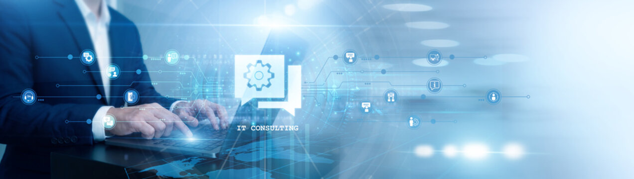 Technical expert working on laptop. IT consulting services. Consultant optimizing digital infrastructure and software architecture. Professional technology advice and system audit report.