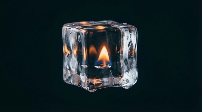 Ice cube with a flame inside creating a surreal contrast between fire and ice.