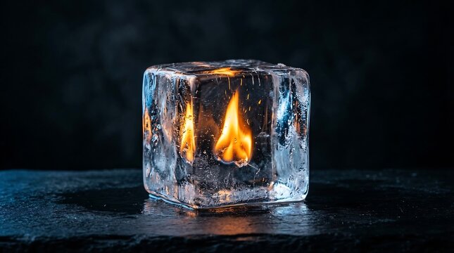 Ice cube with a flame inside creating a surreal contrast between fire and ice.