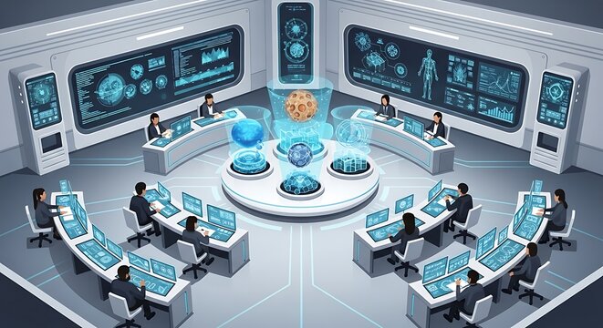 Futuristic Control Room with Scientists Monitoring Data