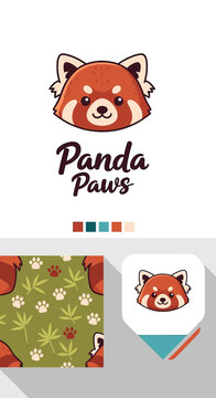 A cute red panda head logo with 'Panda Paws' text, a color palette, and a matching pattern with paw prints and leaves, suitable for branding.