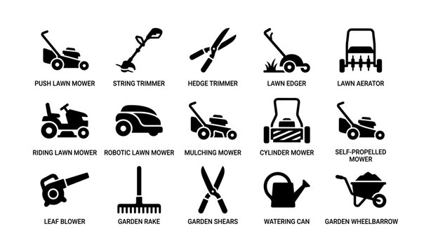 Collection of lawn and garden tool icons arranged on white background