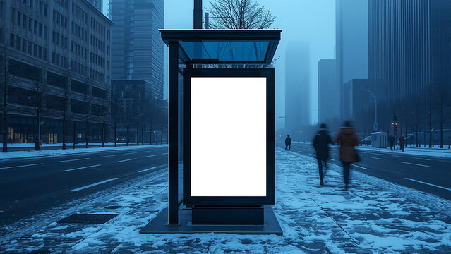 Blank Vertical Billboard Mockup At Snowy Bus Stop Shelter In Modern City At Dawn, Urban Advertising Display, Empty Poster Frame, Winter Street Scene, Marketing Space