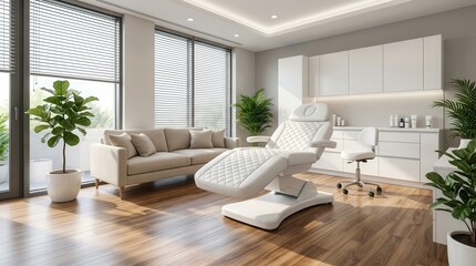 Fototapeta premium Aesthetic procedure room with white cabinetry, treatment bed, and bright natural lighting.