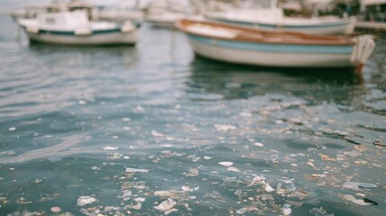 Obraz premium Harbor with several small boats docked in the water. the water is a deep blue color and there are small rocks and debris scattered across the surface.