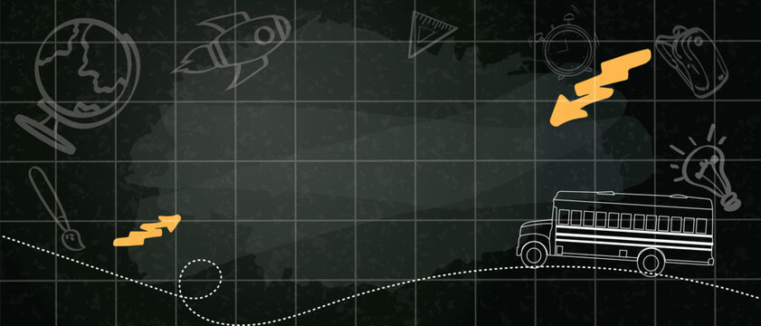 Back to school banner in horizontal panoramic orientation. Dark chalkboard background with hand-drawn chalk icons of a school bus, globe, and rocket. Ideal for education marketing and web headers.