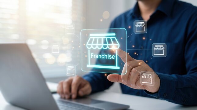 A professional man touching a digital franchise model icon to represent retail expansion network.