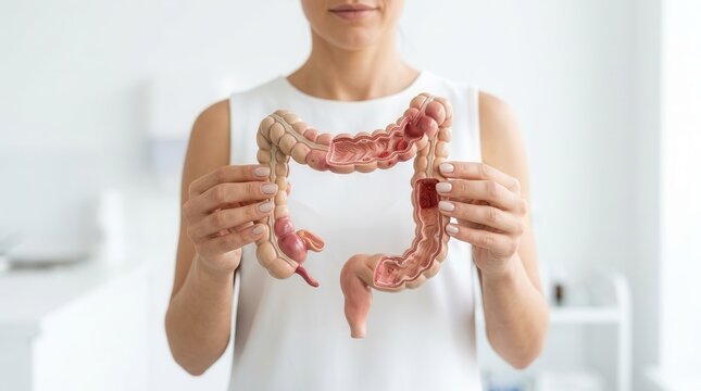A person displaying an anatomy model of the intestine to represent leaky gut and probiotic gut health.