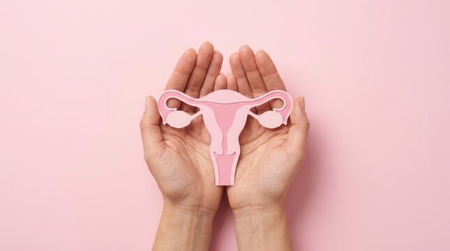 Gynecology and cervix cancer awareness with hands holding a female reproductive system illustration.