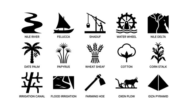 Ancient egyptian agriculture and nile icons on white background