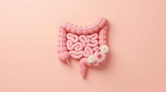 Concept of probiotic and prebiotic for gut health featuring an intestine shape and flowers.
