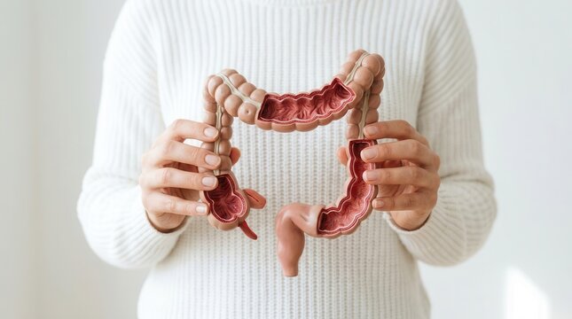 Anatomical model of the colon and intestine held by hands for gut health and probiotic concepts.