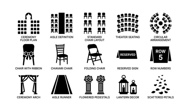 Wedding seating and ceremony icons arranged on white background