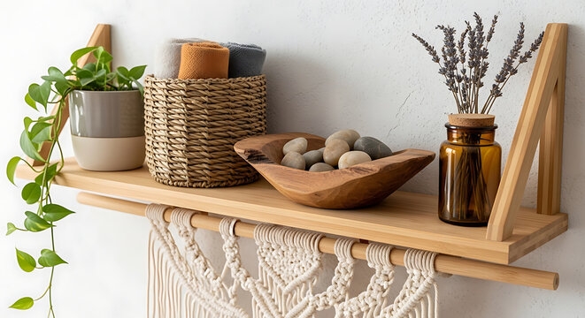 Natural Wood Shelf With Decorative Items And Macrame Hanger Creating Rustic Bohemian Interior Design Inspiration For Cozy Modern Home Decoration.