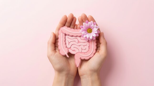 Concept of gut health and probiotic support featuring an intestine model with flowers in human hands.