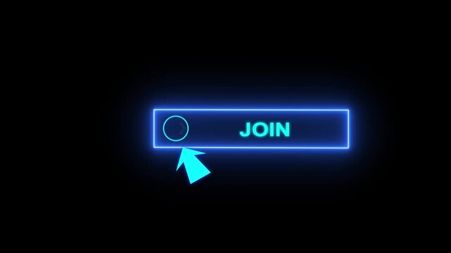Glowing neon blue color white text cursor animation pointing towards join button in looping with transparent background.