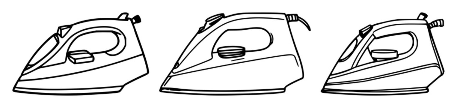 Iron set with minimalist black line art on white background featuring metallurgical, industrial, and elemental iconography with simple illustration and vector graphics