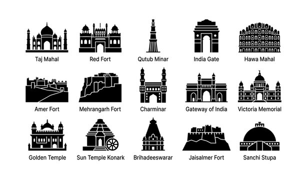 Indian monuments illustrated as black icons in a grid