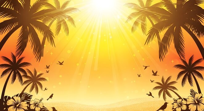 Pixel art tropical sunset with palm trees and birds