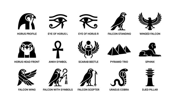 Egyptian falcon and horus symbols arranged in grid layout