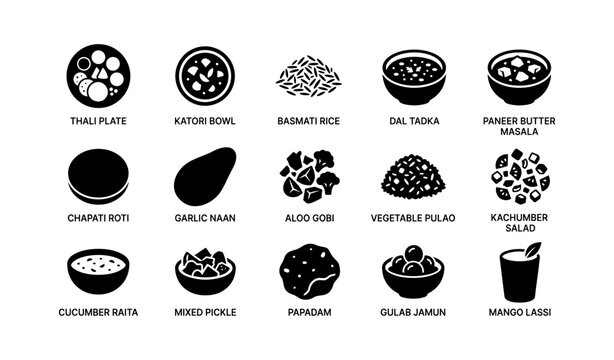 Indian food icons arranged with labels in grid on white