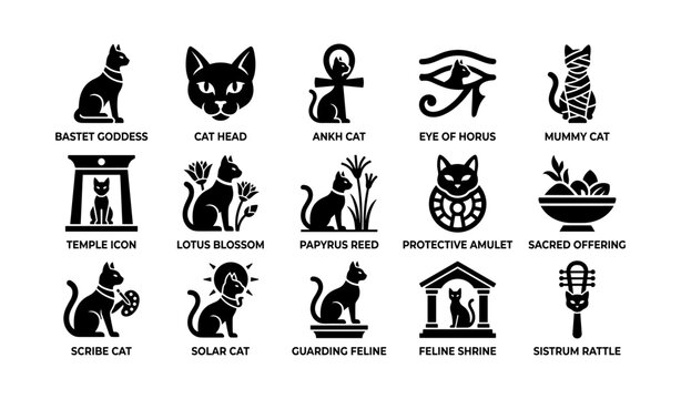 Egyptian cat symbols displayed in labeled grid on white