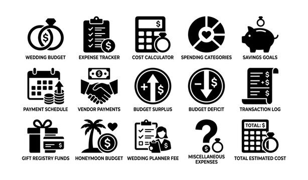 Wedding budget and payment icons arranged in grid layout