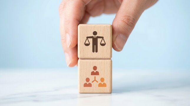 Business ethics and corporate compliance concept featuring wooden blocks with ethical icons held in a hand.