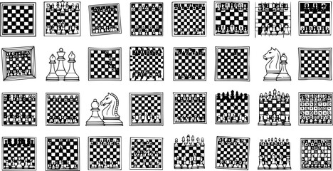 Black and White Line Art Chessboards and Pieces, Classic Strategy Game Illustration © pixsource
