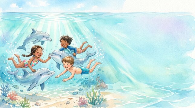 Happy children swim with three dolphins in the bright blue ocean, surrounded by sunlight and coral
