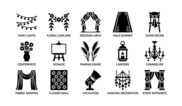 Wedding decoration icons arranged in grid on white background