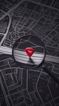 Pin tracking on a moving black map. Vertical 3D animation.