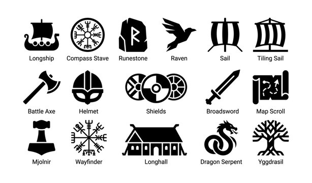 Viking symbols and objects arranged in rows on white background