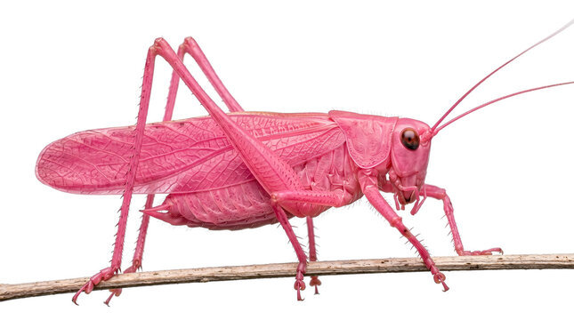 Rare Pink Katydid Grasshopper Isolated on White Background - Vibrant Erythrism Mutation Macro Shot
