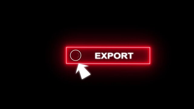Glowing neon red color white text cursor animation pointing towards export button in looping with transparent background.